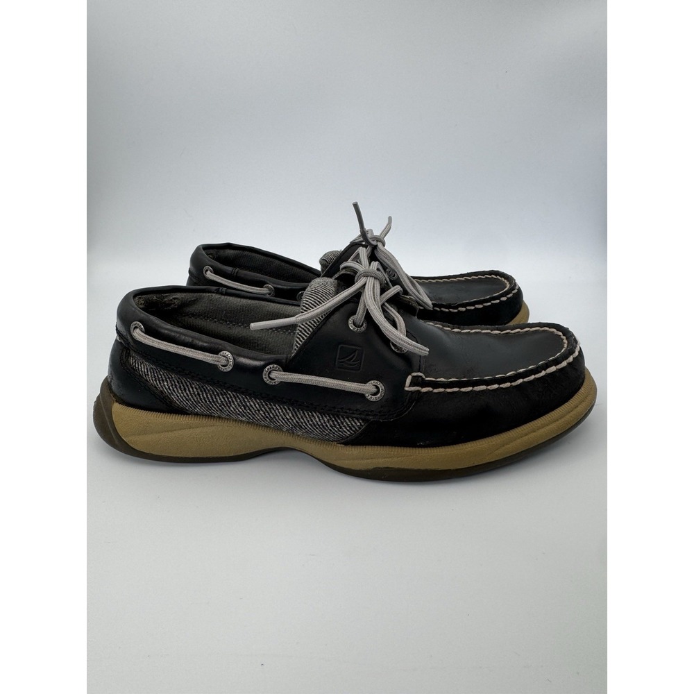 Sperry Top-Sider Women's 6.5M Boat Shoes Black Leather Canvas Slip On -‎ WORN IN
